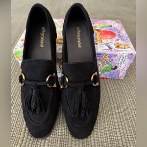 Jeffery Campbell Black Suede Tassel Loafers w‎ Gold Horseshoe Buckle Slip-On